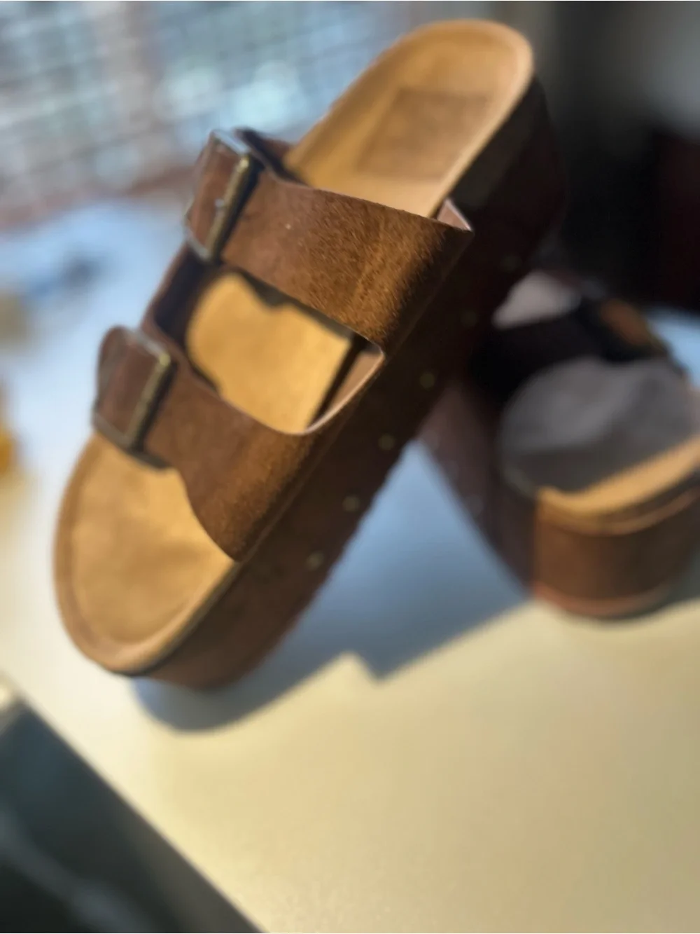 NWOB Brown Suede Double Buckle Platform Slide Sandals